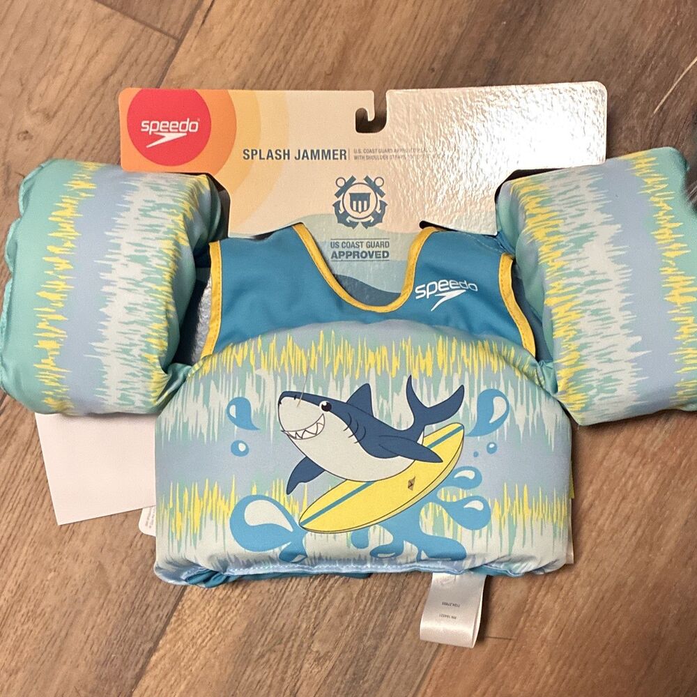 Speedo Splash Jammer Kids Swim Trainer Float Vest w/ Arm Floats Shark 33-55 lbs
